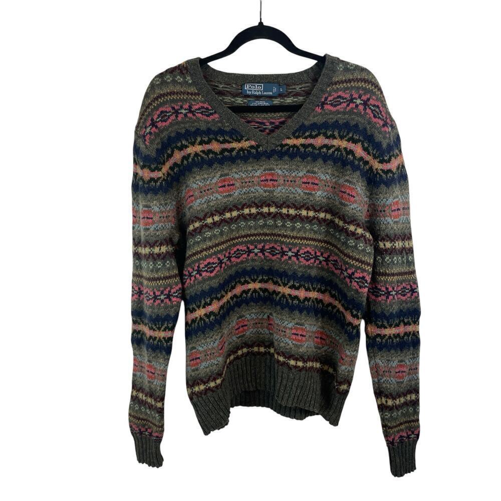 Polo Ralph Lauren Lambswool Alpaca Jacquard Fair Isle V Neck Sweater Green VTG L - Picture 2 of 9